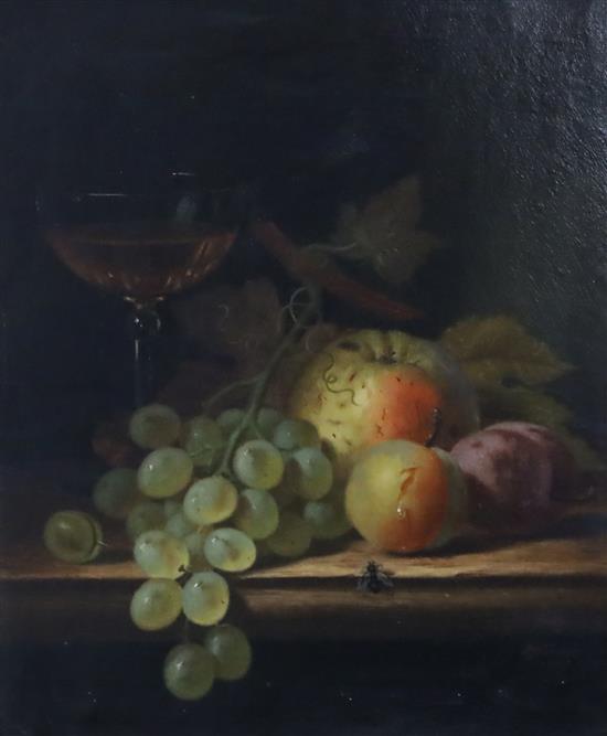 Henry George Todd (1847-1898) Still life of fruit and a wine glass upon a ledge 12 x 9.5in.